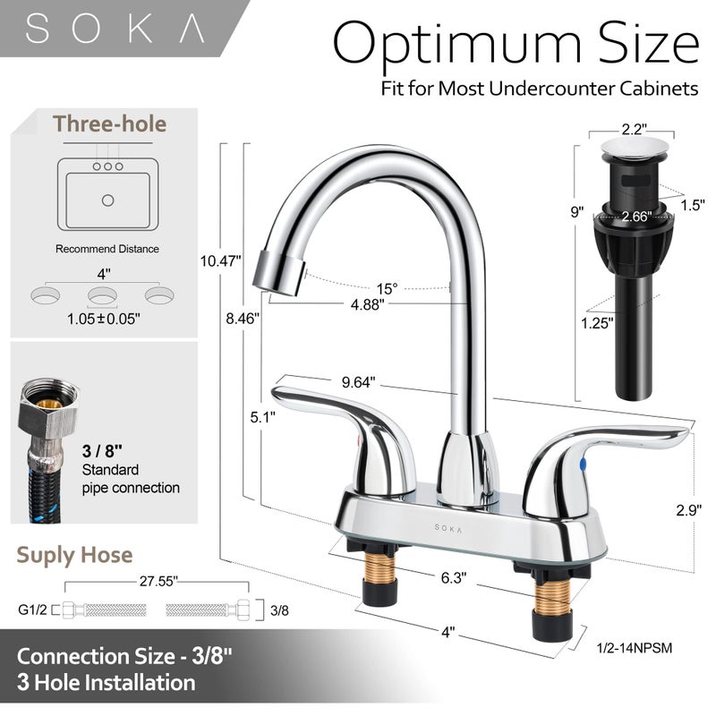 SOKA Two Handles Centerset Bathroom Faucet for Sink High Arc Stainless Steel with Deck Plate & Pop-Up Drain Assembly Fit 3 Hole Installation, Chrome (SK18001C) - Image 5